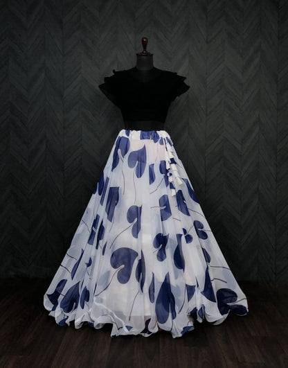 Big Leaf Blue Color Digital Print Crop Top Lehenga