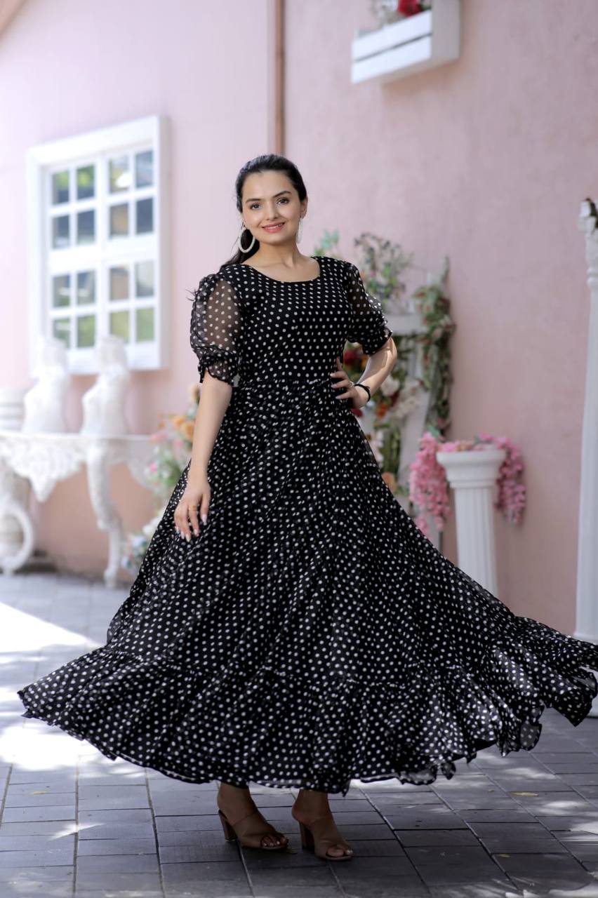 Polka Dot Print Black Color Ruffle Gown