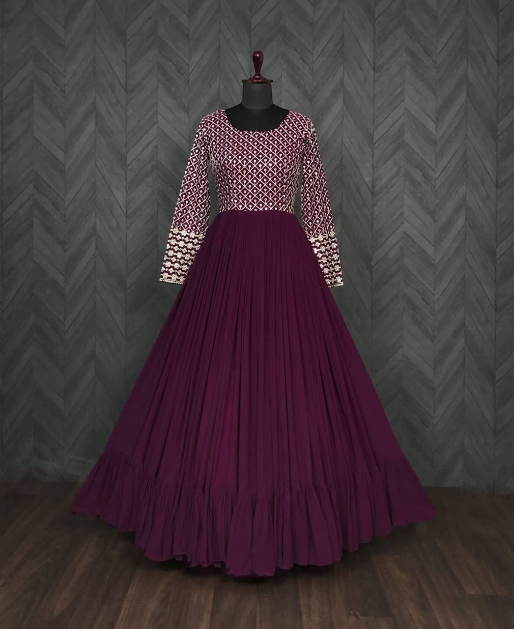 Frill Stitch Wine Color Embroidered Work Gown