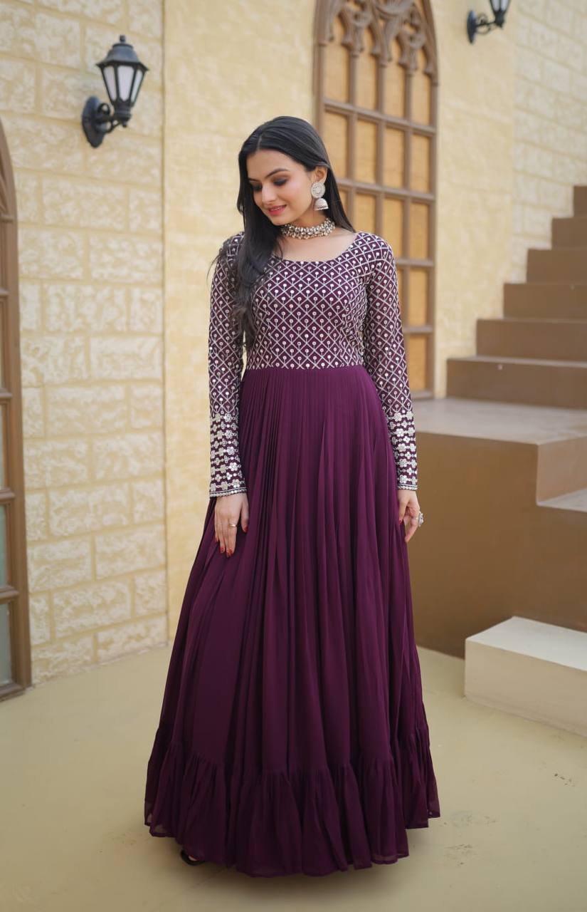 Frill Stitch Wine Color Embroidered Work Gown