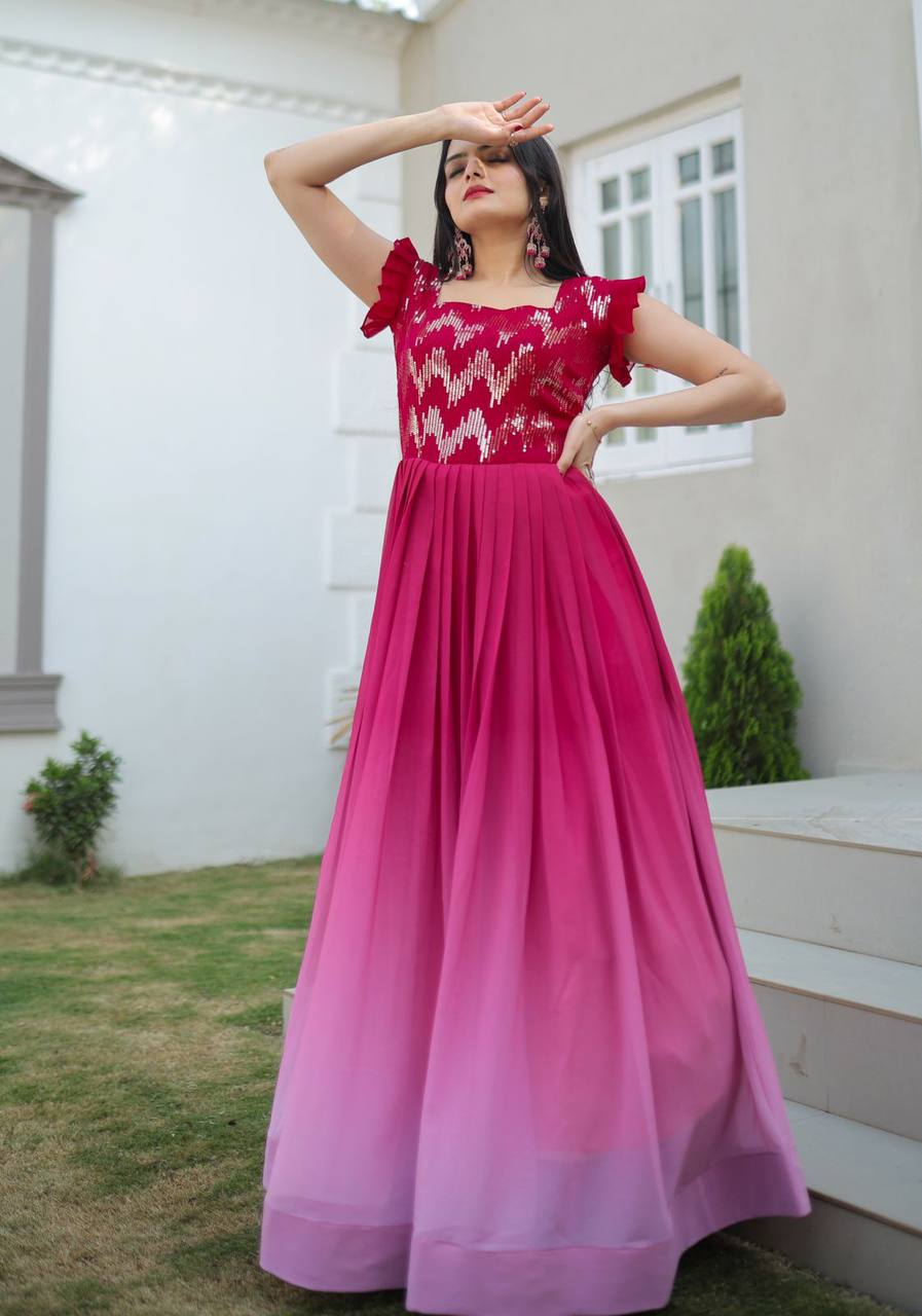 Pink Color Shaded Sequence Embroidered Work Gown