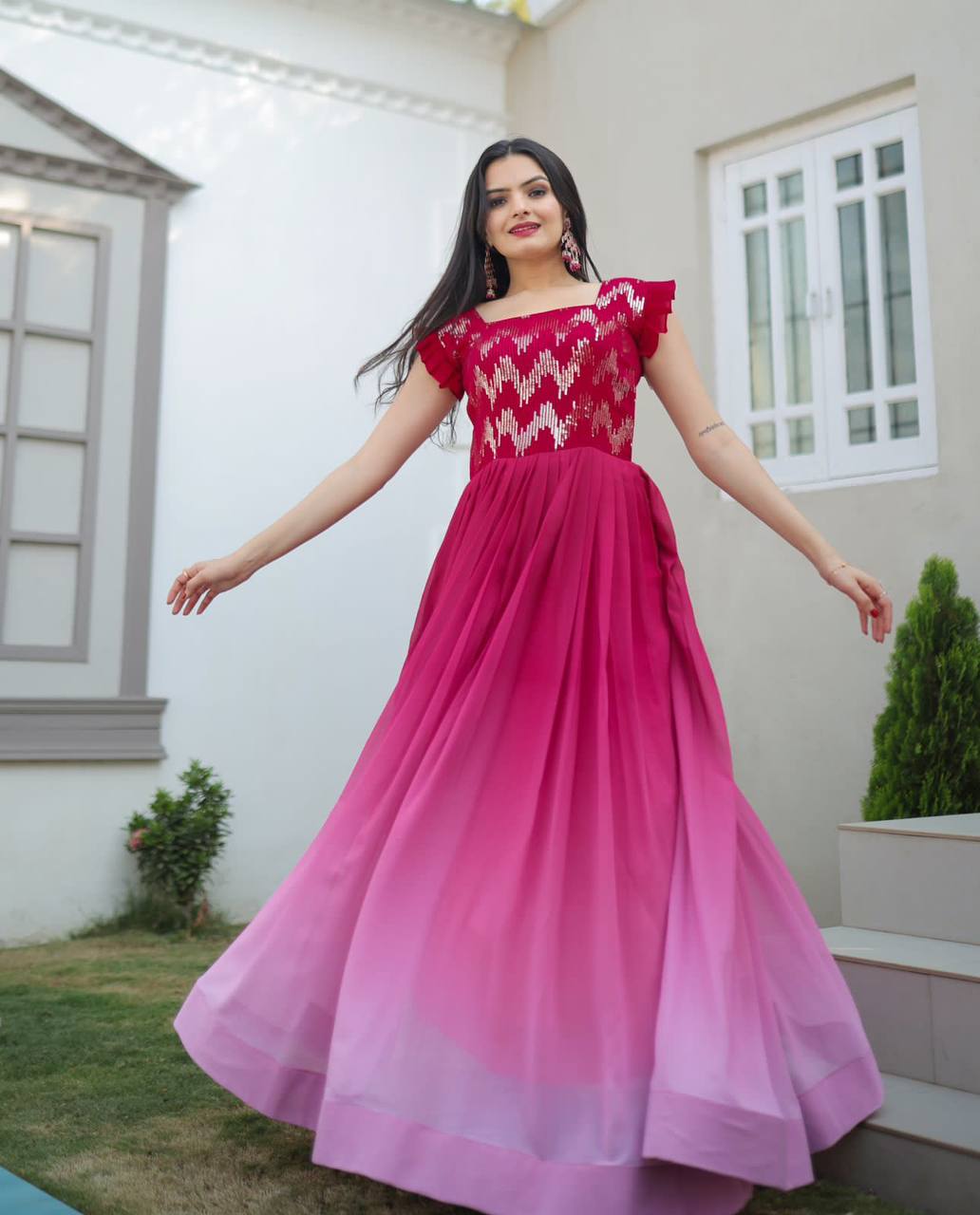 Pink Color Shaded Sequence Embroidered Work Gown