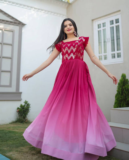 Pink Color Shaded Sequence Embroidered Work Gown