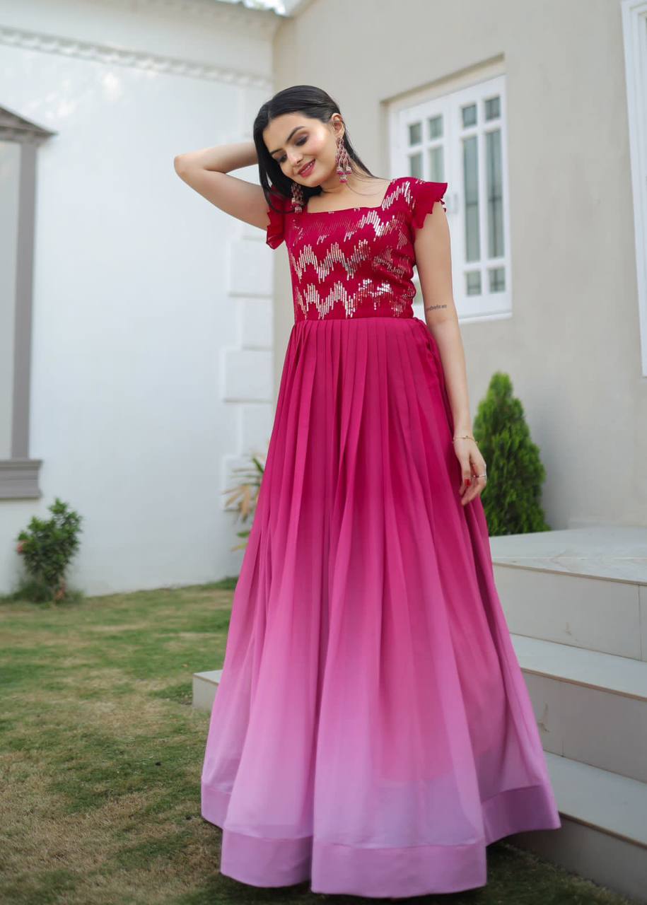 Pink Color Shaded Sequence Embroidered Work Gown