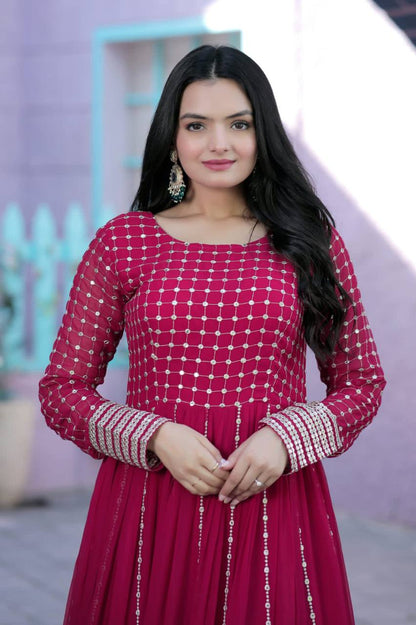 Demanding Pink Color Embroidered Work Gown