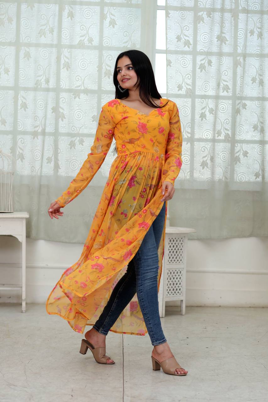 Flower Digital Print Yellow Color Stylish Kurti