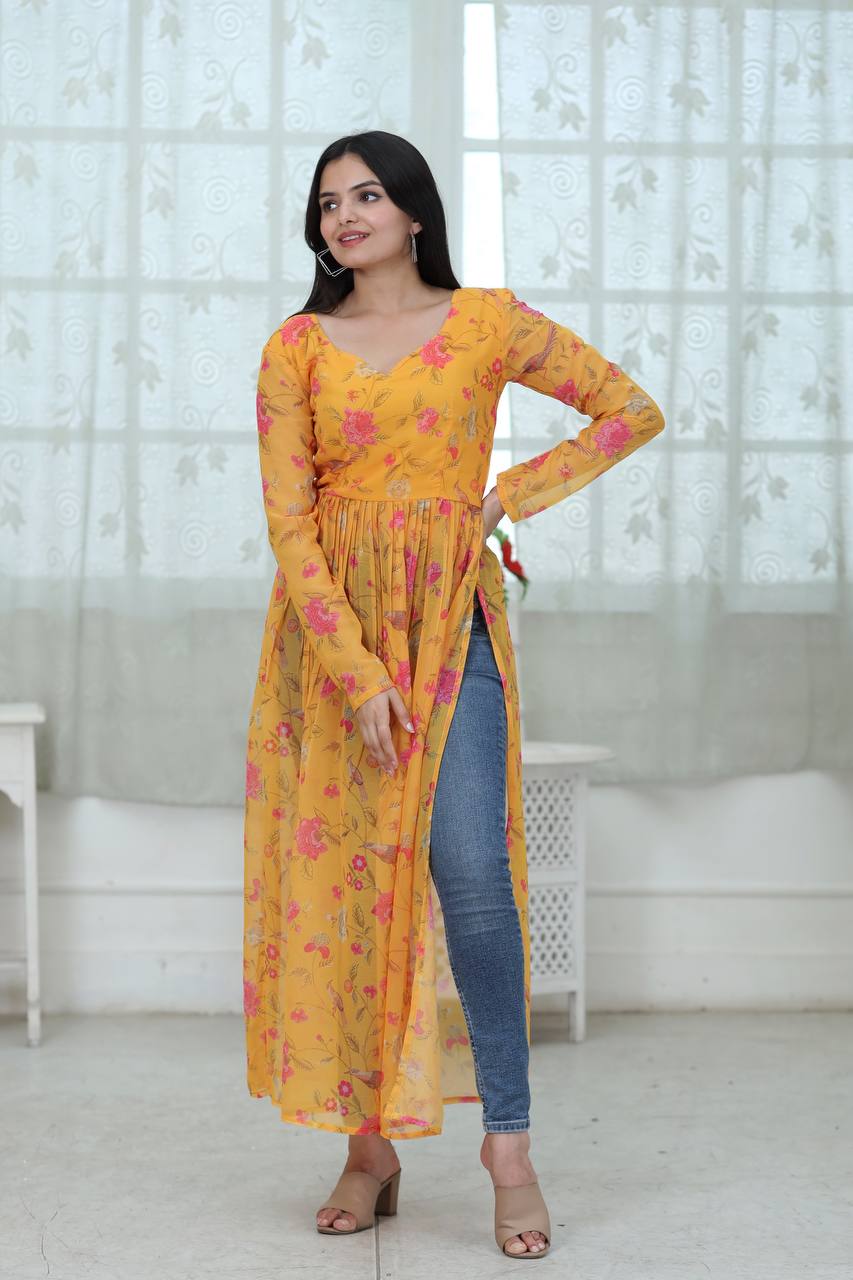 Flower Digital Print Yellow Color Stylish Kurti