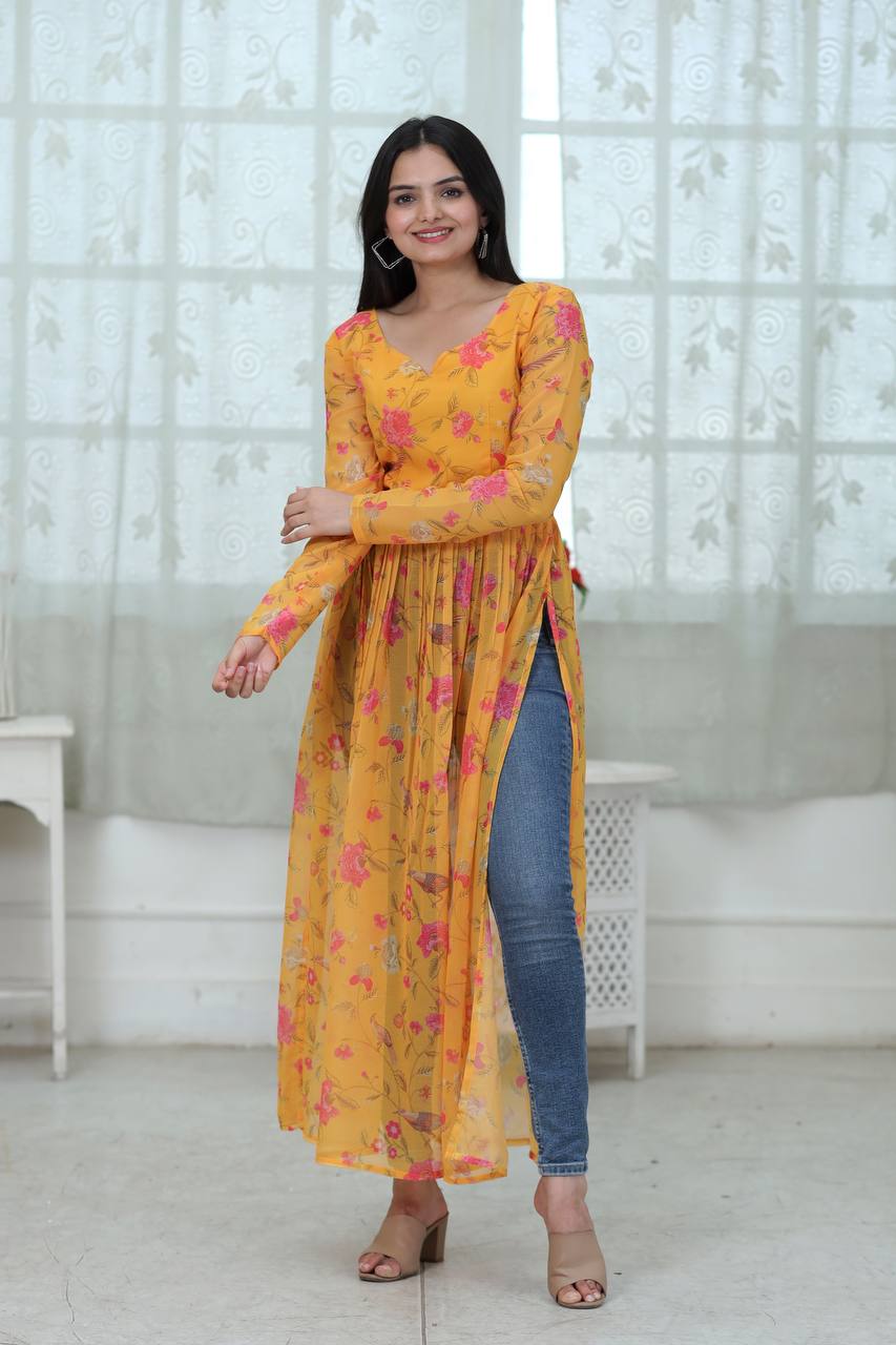 Flower Digital Print Yellow Color Stylish Kurti
