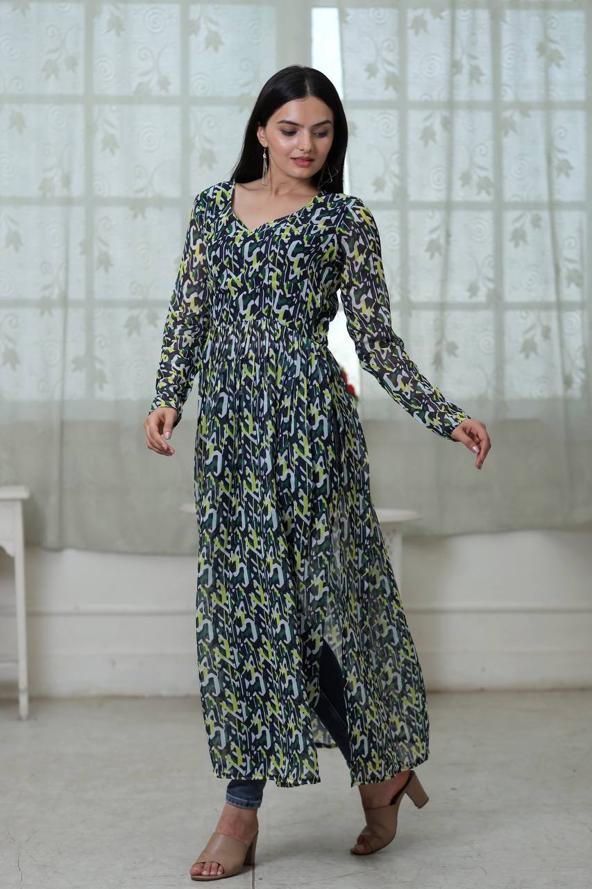 Flower Digital Print Green Color Stylish Kurti