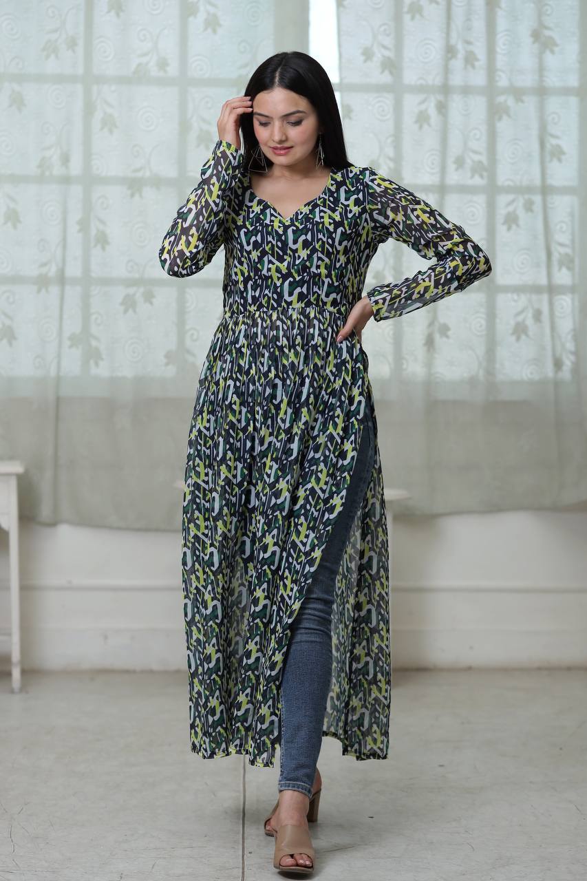 Flower Digital Print Green Color Stylish Kurti
