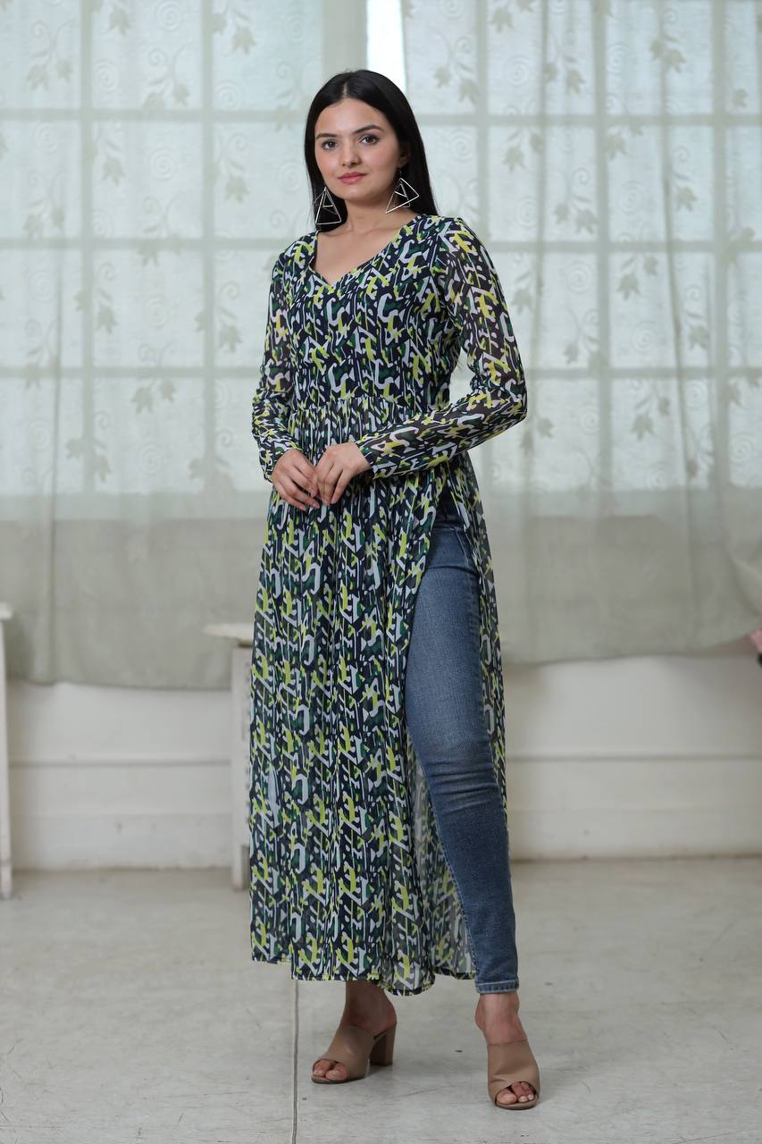 Flower Digital Print Green Color Stylish Kurti
