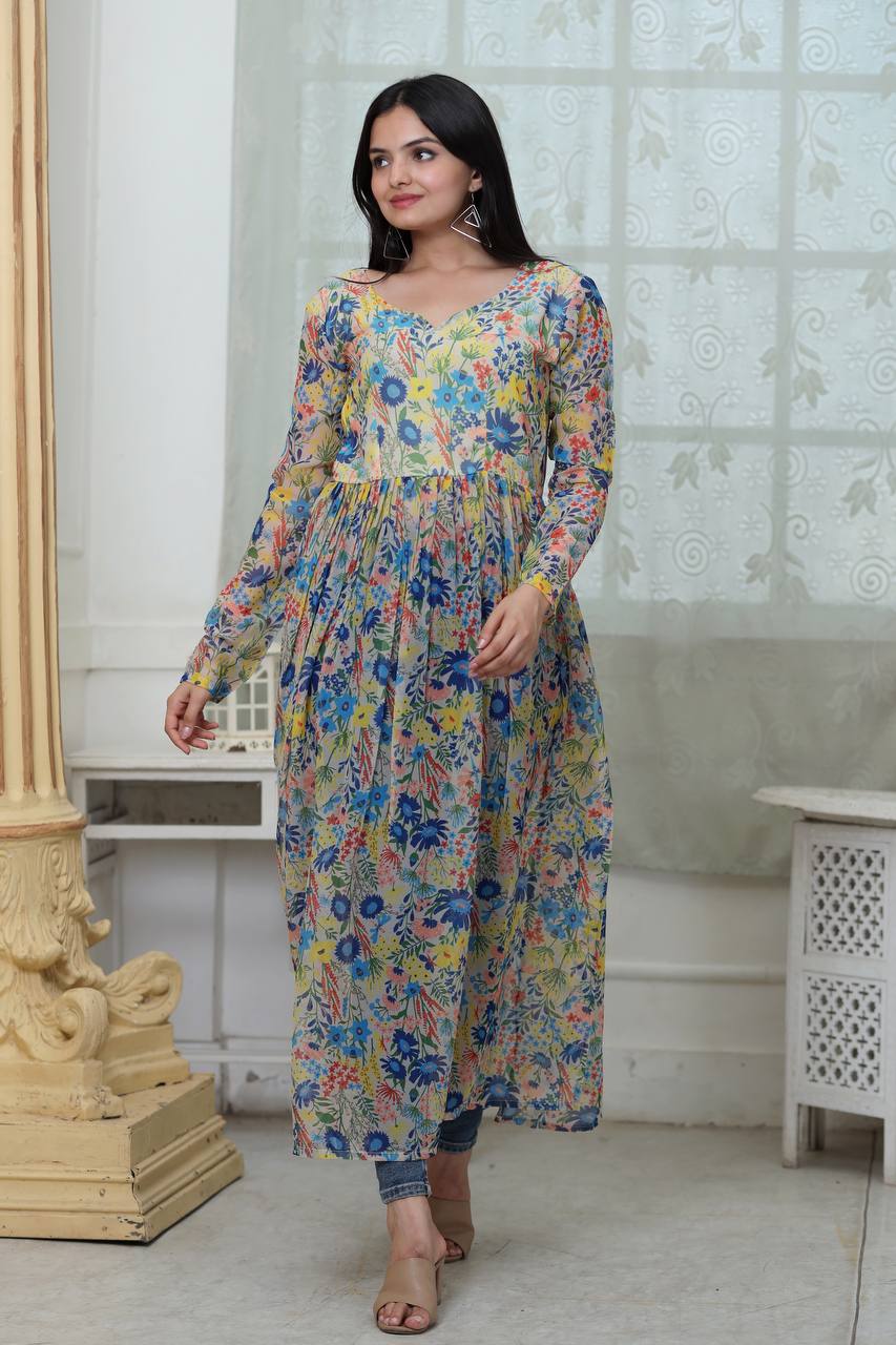 Flower Digital Print White Color Stylish Kurti