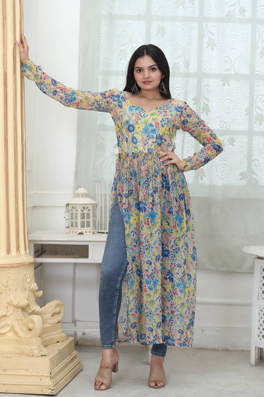Flower Digital Print White Color Stylish Kurti