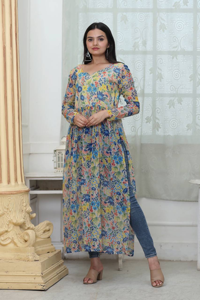 Flower Digital Print White Color Stylish Kurti