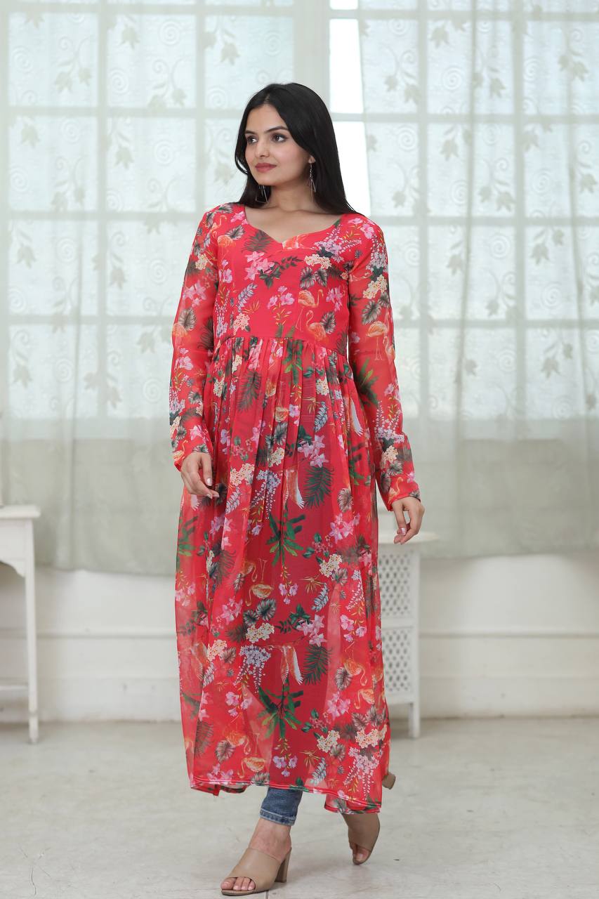 Flower Digital Print Red Color Stylish Kurti