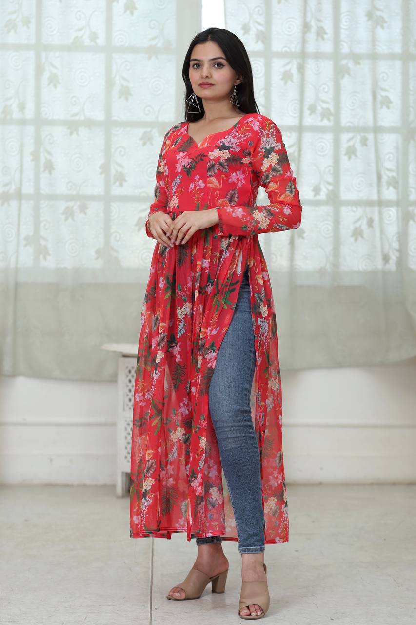 Flower Digital Print Red Color Stylish Kurti