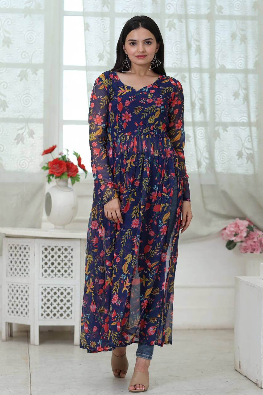 Flower Digital Print Navy Blue Color Stylish Kurti