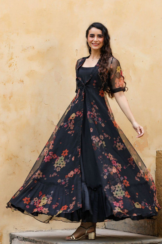 Fabulous Black Gown With Printed Organza Shrug