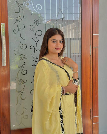 Decent Embroidery Work Yellow Color Salwar Suit