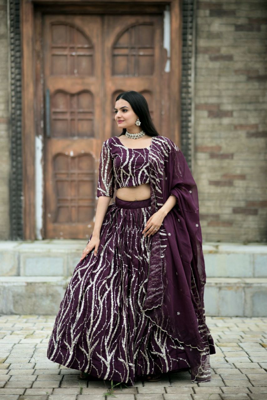 Glimmering Sequence Work Wine Color Lehenga Choli