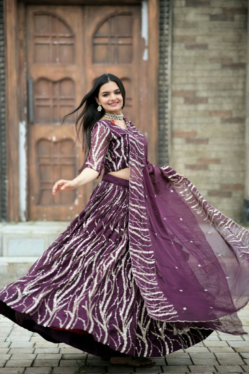 Glimmering Sequence Work Wine Color Lehenga Choli