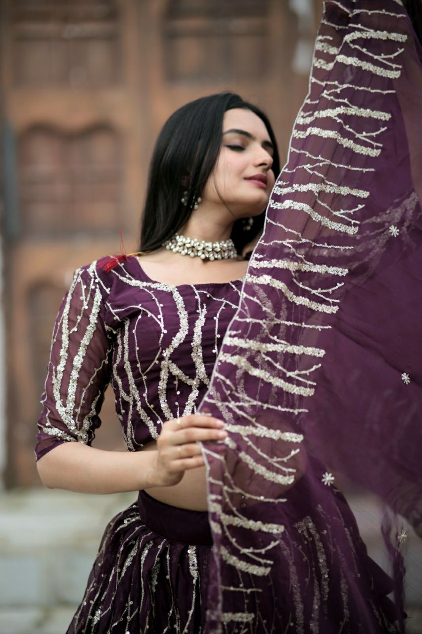Glimmering Sequence Work Wine Color Lehenga Choli