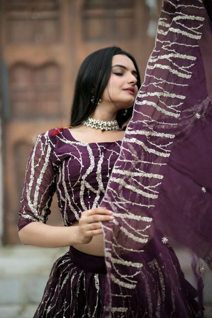 Glimmering Sequence Work Wine Color Lehenga Choli