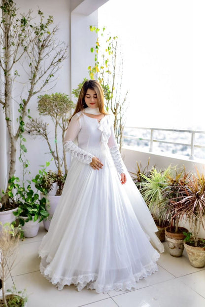 Lace Works With Tassels White Color Long Gown