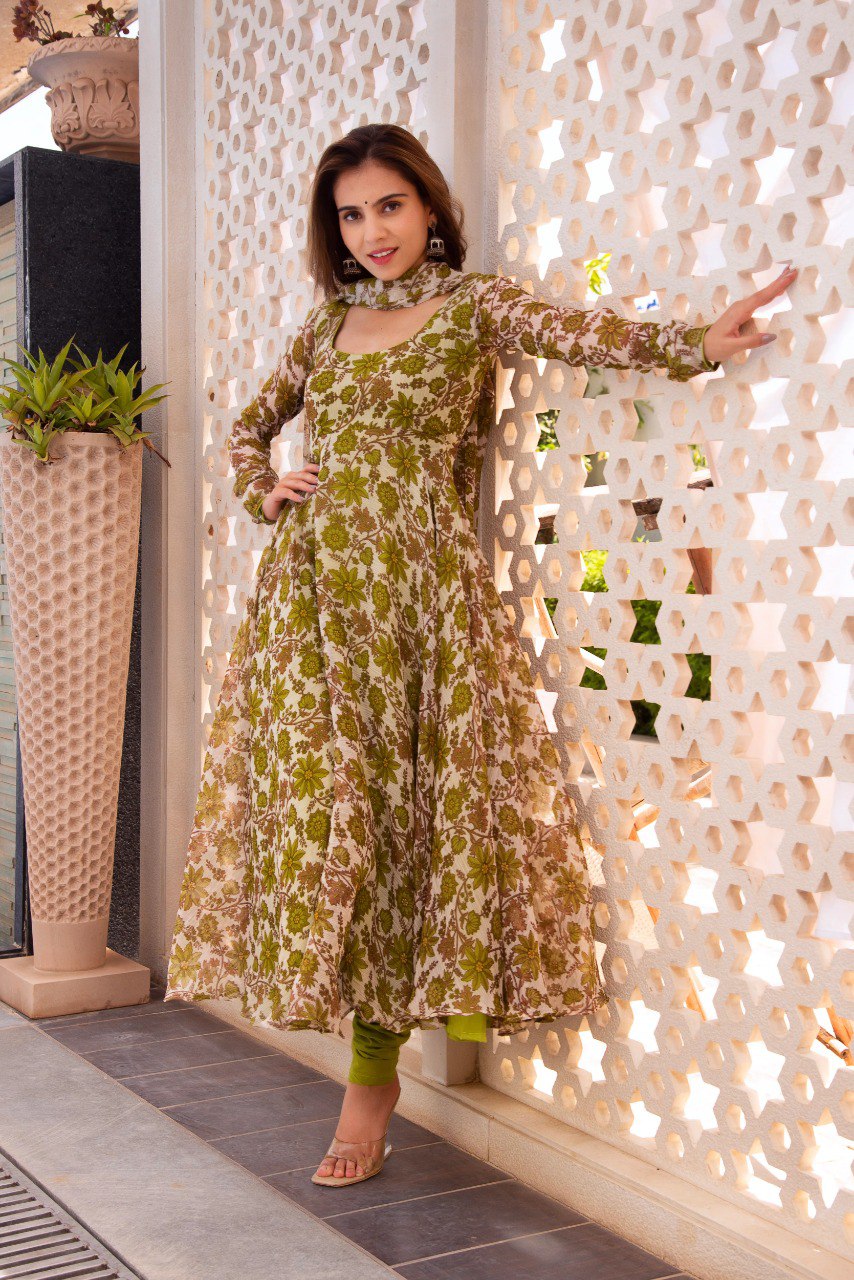 Trendy Printed Parrot Green Color Anarkali Gown