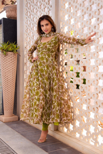 Trendy Printed Parrot Green Color Anarkali Gown