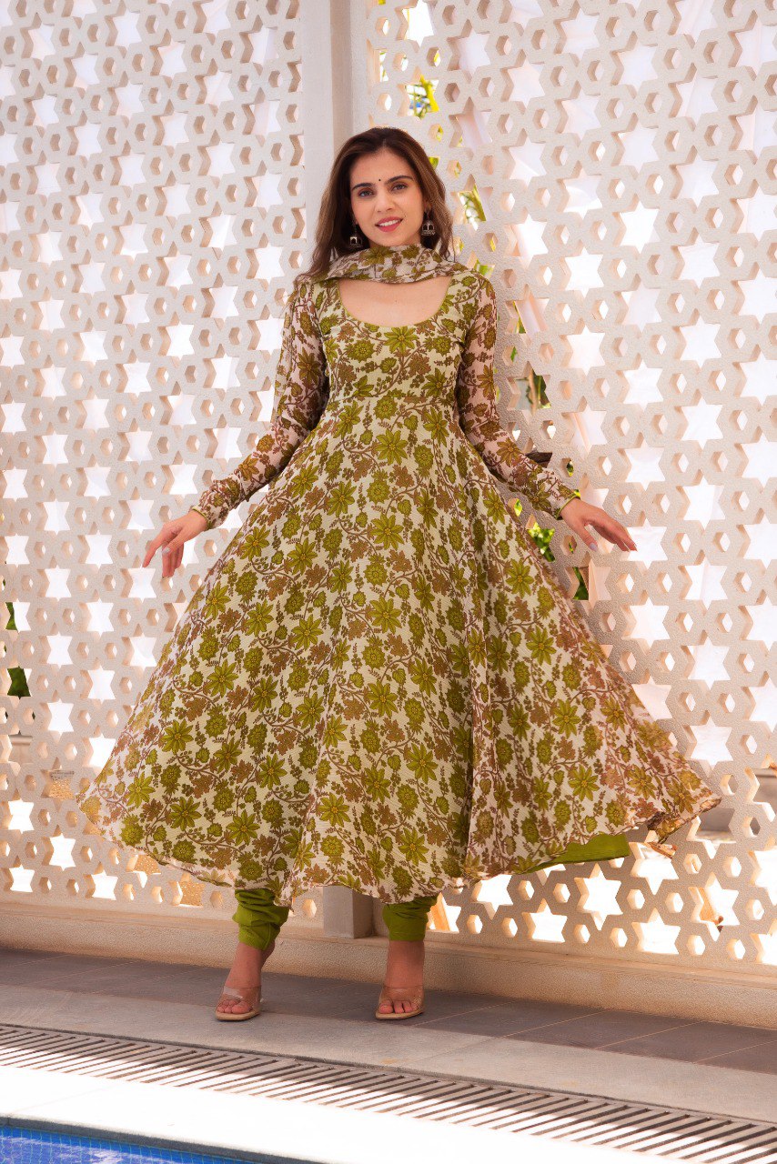 Trendy Printed Parrot Green Color Anarkali Gown