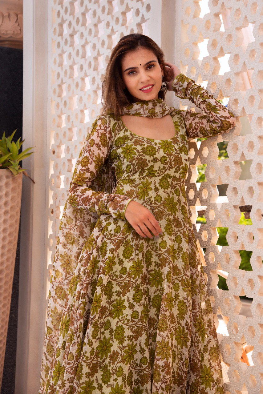 Trendy Printed Parrot Green Color Anarkali Gown