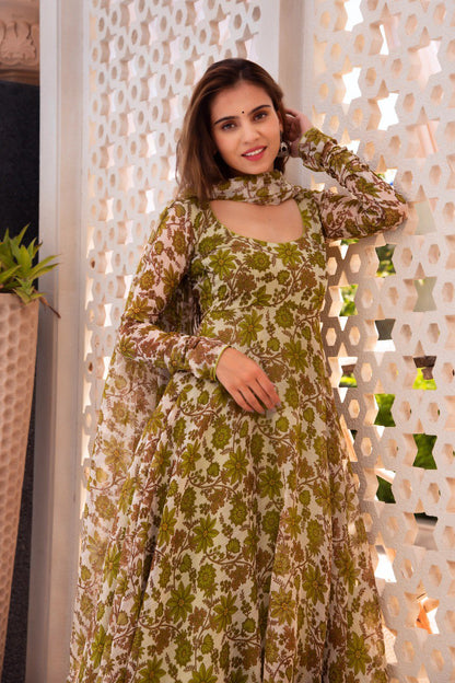 Trendy Printed Parrot Green Color Anarkali Gown