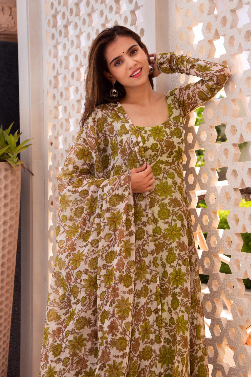 Trendy Printed Parrot Green Color Anarkali Gown
