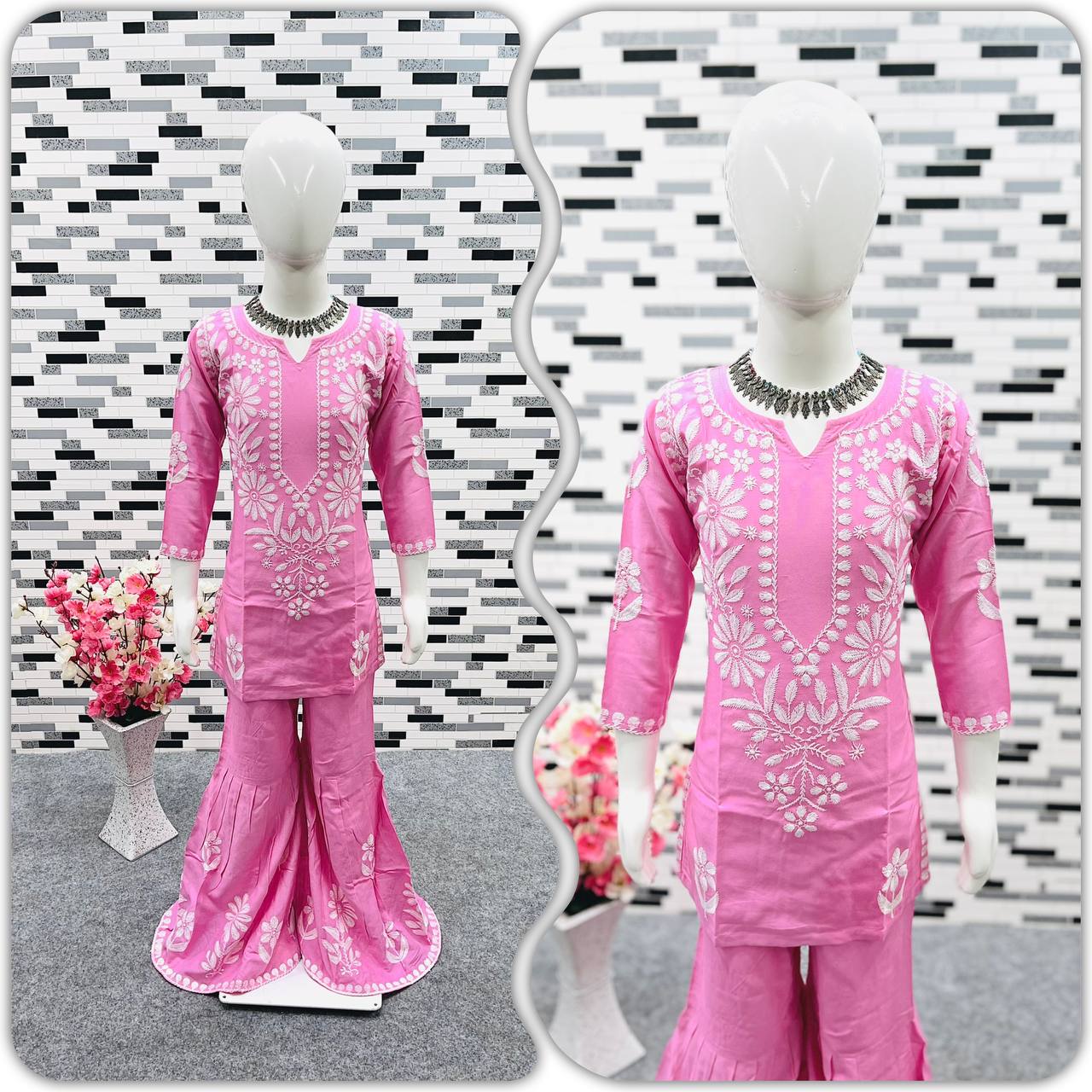 Pink Color Thread Work Sharara Suit For Girls