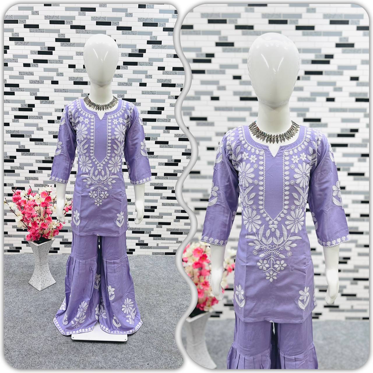 Lavender Color Thread Work Sharara Suit For Girls