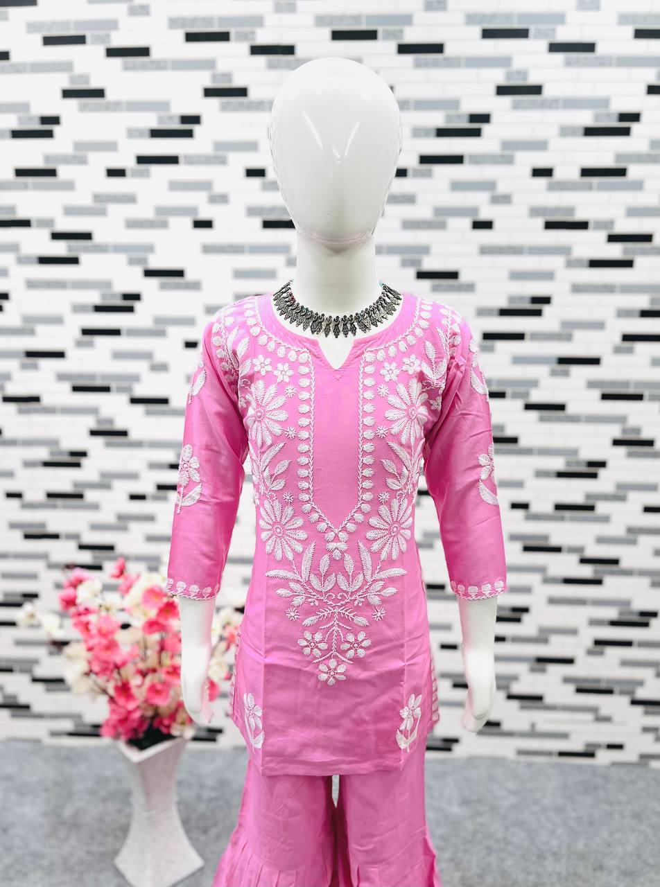 Pink Color Thread Work Sharara Suit For Girls