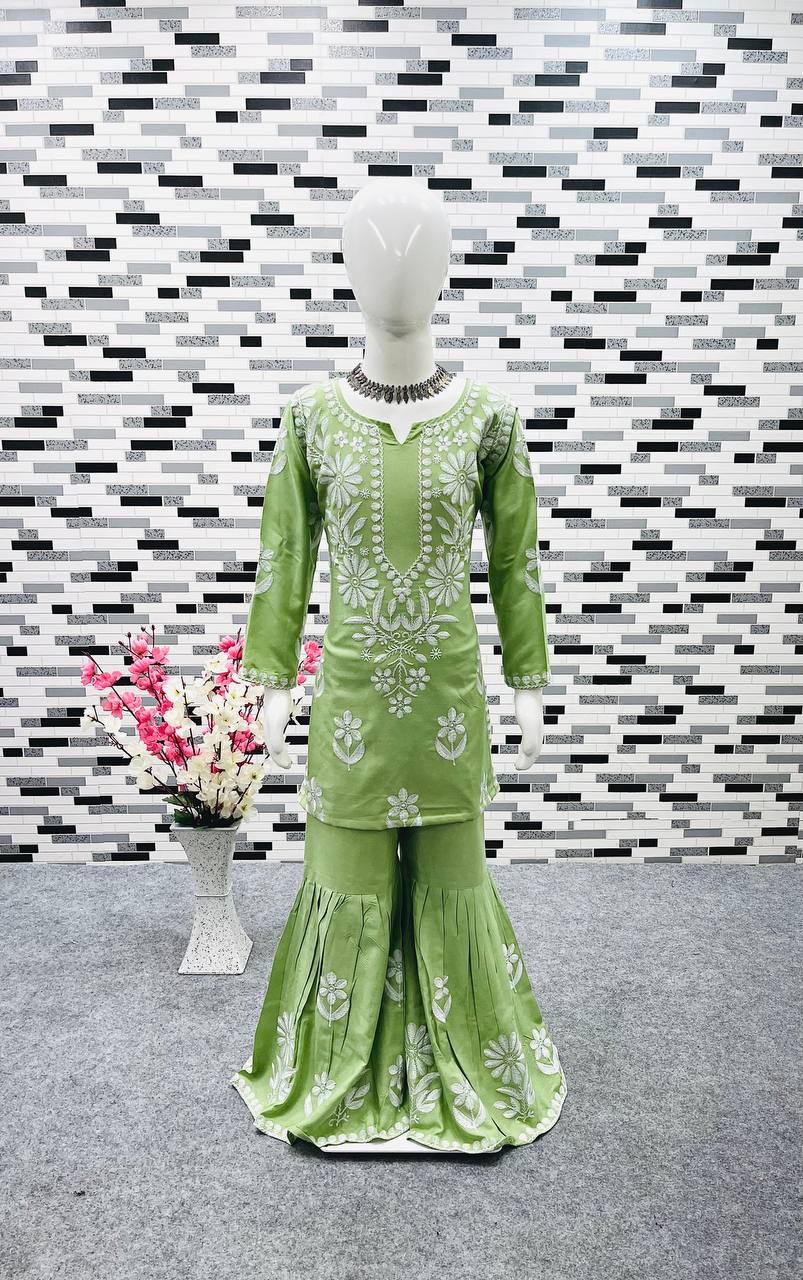 Green Color Thread Work Sharara Suit For Girls