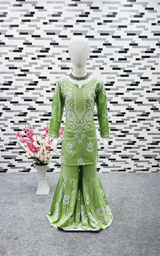 Green Color Thread Work Sharara Suit For Girls