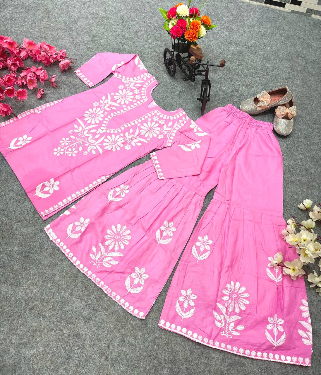 Pink Color Thread Work Sharara Suit For Girls