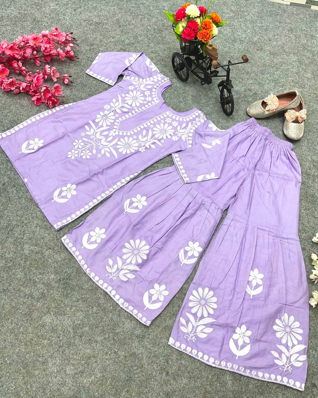 Lavender Color Thread Work Sharara Suit For Girls