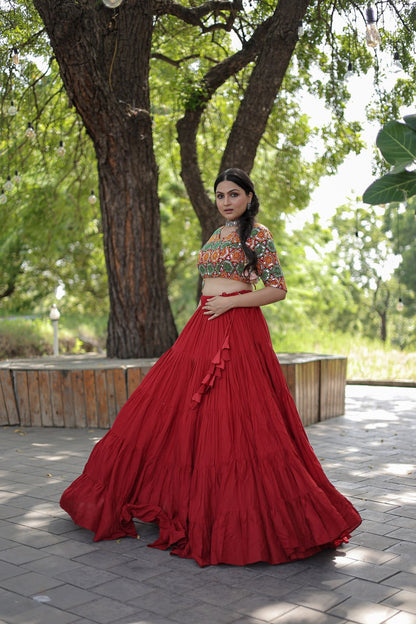 Plain Frill Pattern Red Lehenga With Traditional Thread Work Choli