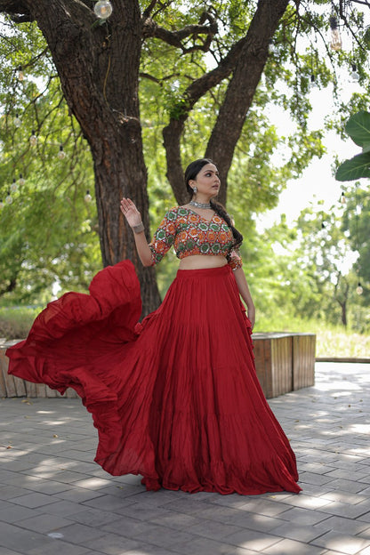 Plain Frill Pattern Red Lehenga With Traditional Thread Work Choli