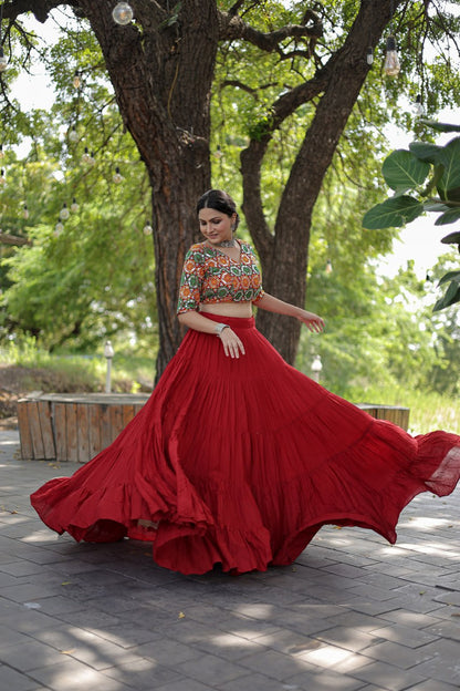 Plain Frill Pattern Red Lehenga With Traditional Thread Work Choli