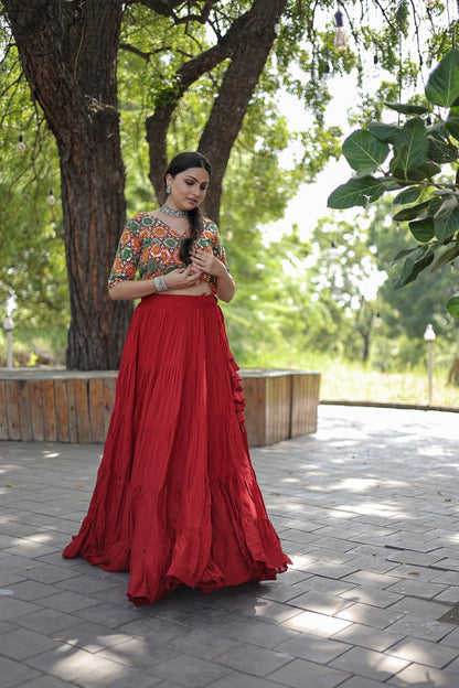 Plain Frill Pattern Red Lehenga With Traditional Thread Work Choli