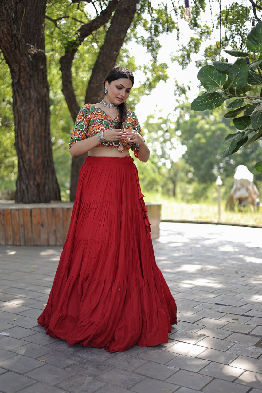 Plain Frill Pattern Red Lehenga With Traditional Thread Work Choli