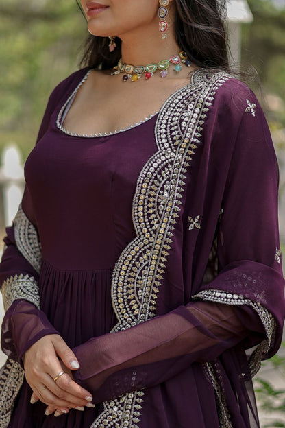 Wine Color Full Sleeves Gown With Cut Work Dupatta