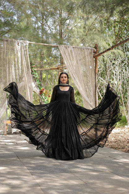 Precious Black Color Ruffle Flare Gown With Heavy Dupatta