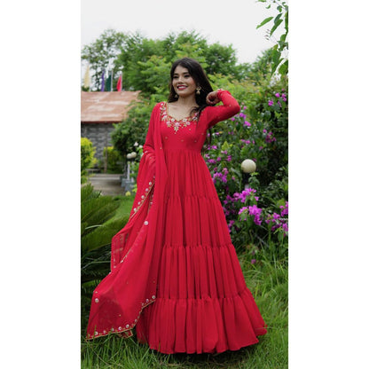 Pretty Thread Sequence Work Red Raffle Anarkali Gown