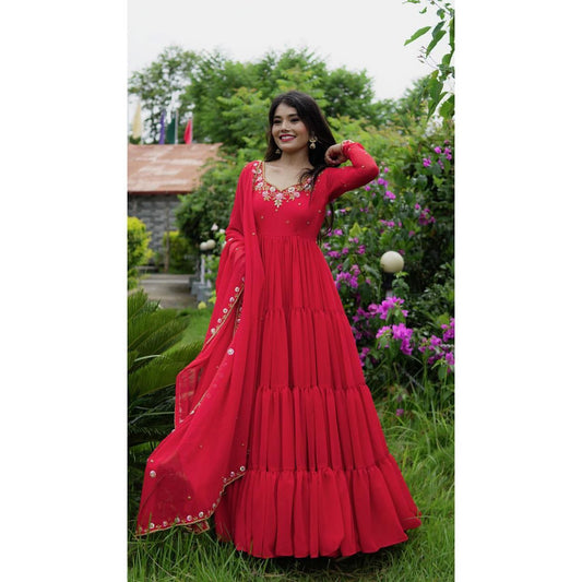 Pretty Thread Sequence Work Red Raffle Anarkali Gown